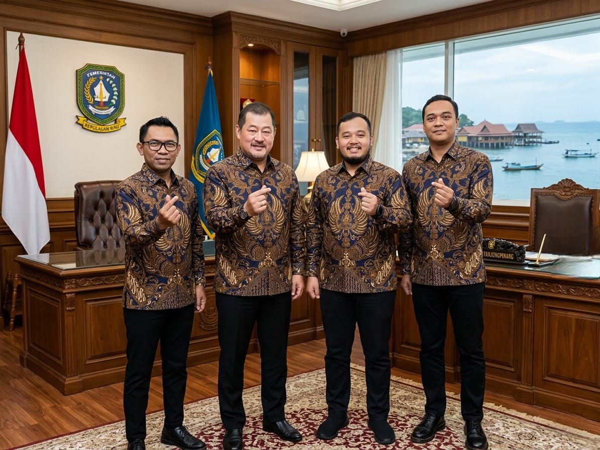 Para pimpinan dari Badan Usaha Pelabuhan (BUP) PT Pelabuhan Kepri Perseroda. (Ki-Ka): Tajudin Mansyur, S.IP,. M.Si ( Tenaga Ahli Bid. Komunikasi Antar Lembaga dan strategis PT Pelabuhan Kepri Perseroda); Capt. Awaluddin, M.Mar ( Direktur PT Pelabuhan Kepri Perseroda); Fikri Imanshah, S.Tr.Pel ( Supervisor Pelabuhan Kuala Riau) ; Dan Diddyk Triesna Murti, S.Tr , Deputi Adm, Ops, Dan Keuangan PT. Pelabuhan Kepri Perseroda.